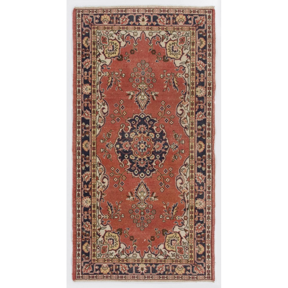 One-of-a-Kind Vintage Hand-Knotted Turkish Rug in Red and Ivory