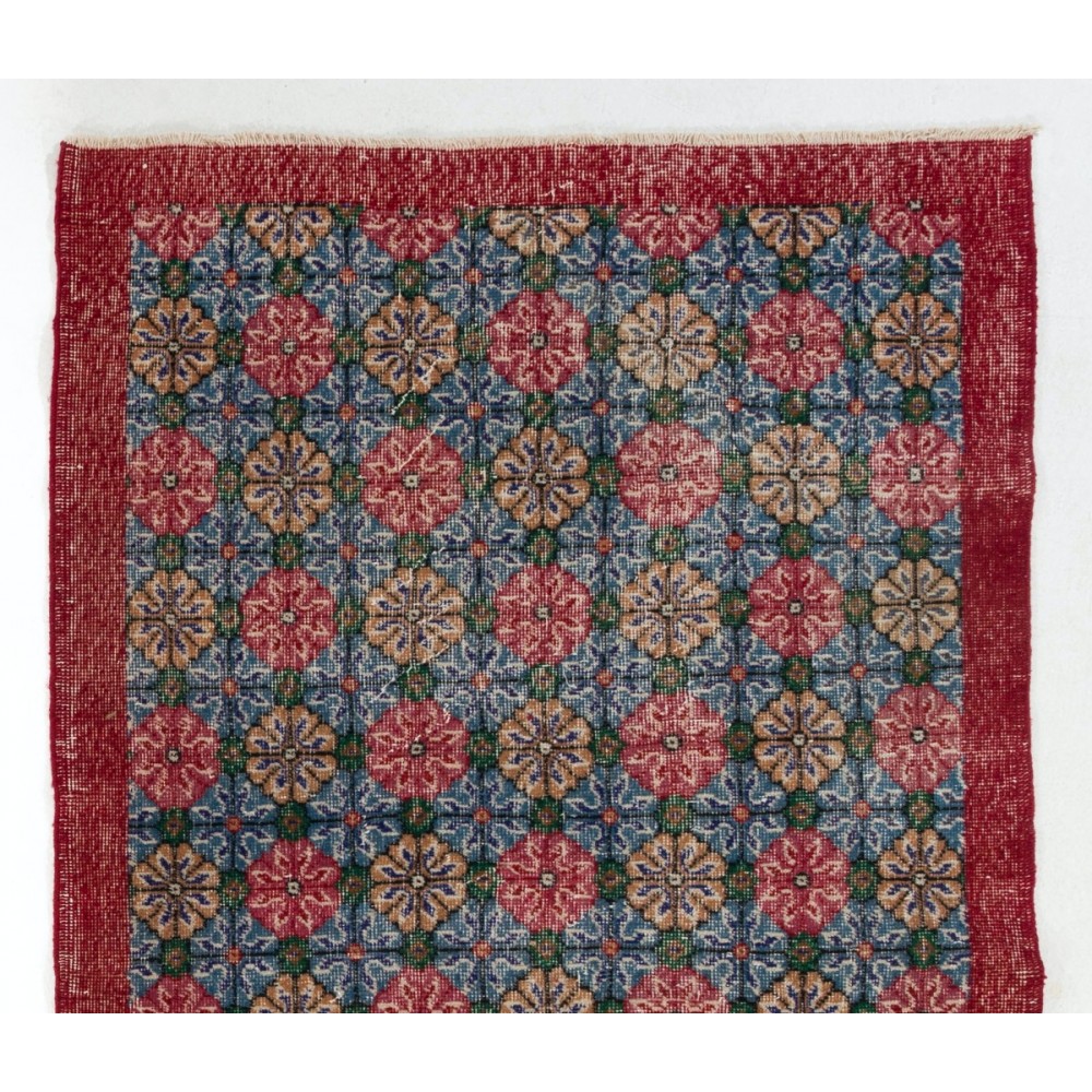 Vintage Hand Knotted Turkish Floral Rug in Red and Blue