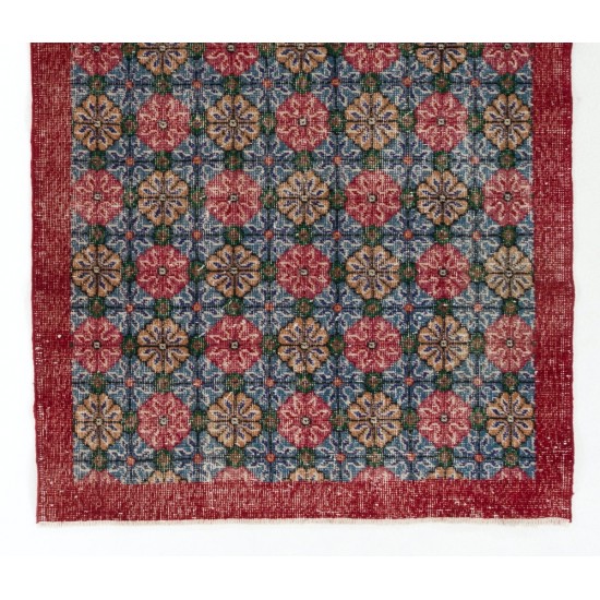 Vintage Hand Knotted Turkish Floral Rug in Red and Blue