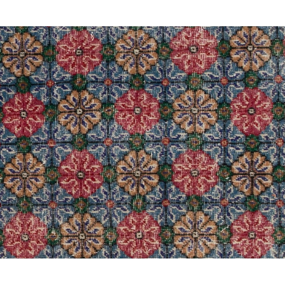 Vintage Hand Knotted Turkish Floral Rug in Red and Blue
