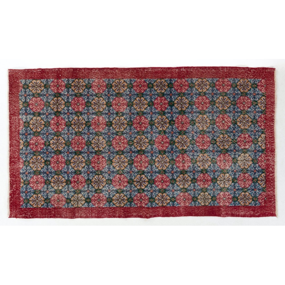 Vintage Hand Knotted Turkish Floral Rug in Red and Blue