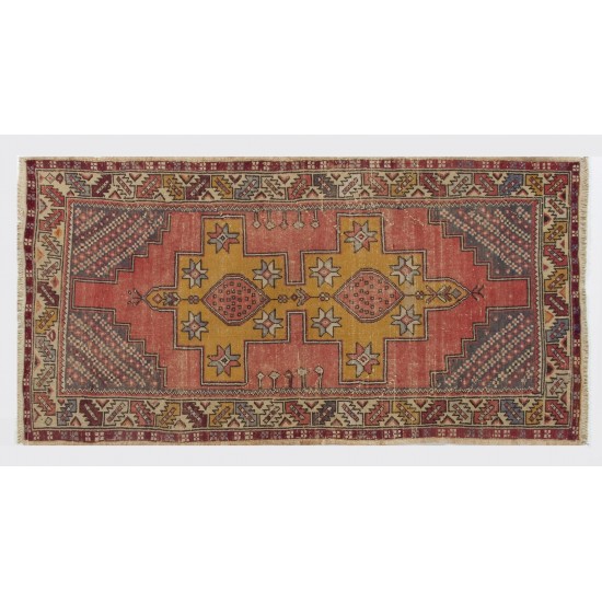 Vintage Hand Knotted Turkish Rug with Wool Pile in soft Red