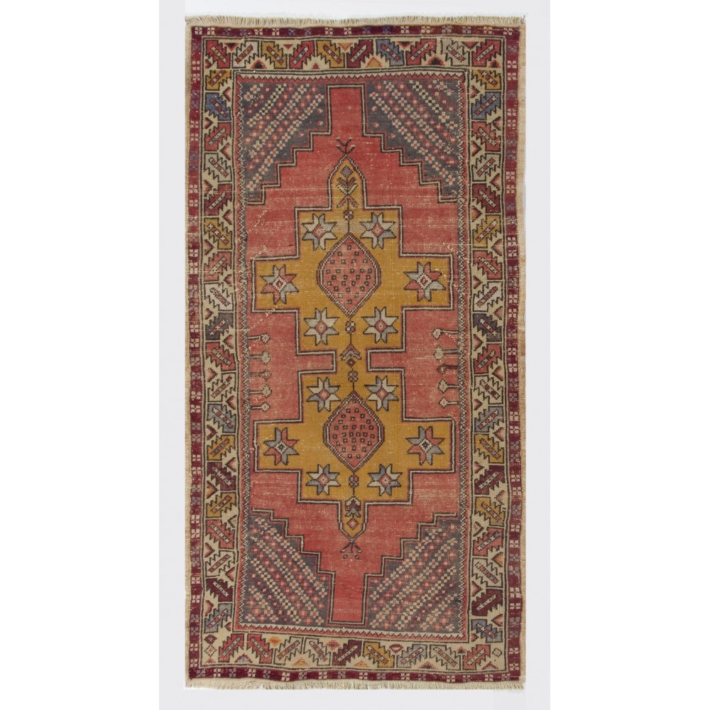 Vintage Hand Knotted Turkish Rug with Wool Pile in soft Red