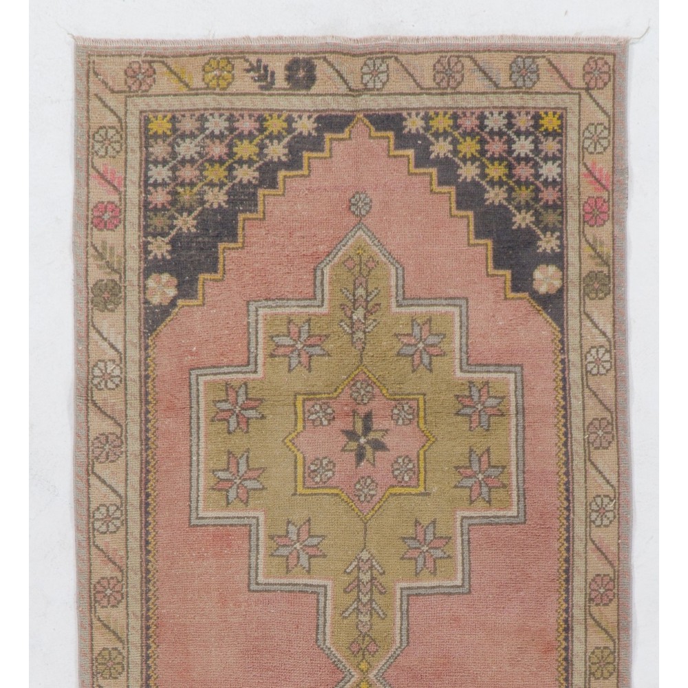 Vintage Hand-Knotted Wool Turkish Area Rug with Geometric Design in Muted Colors
