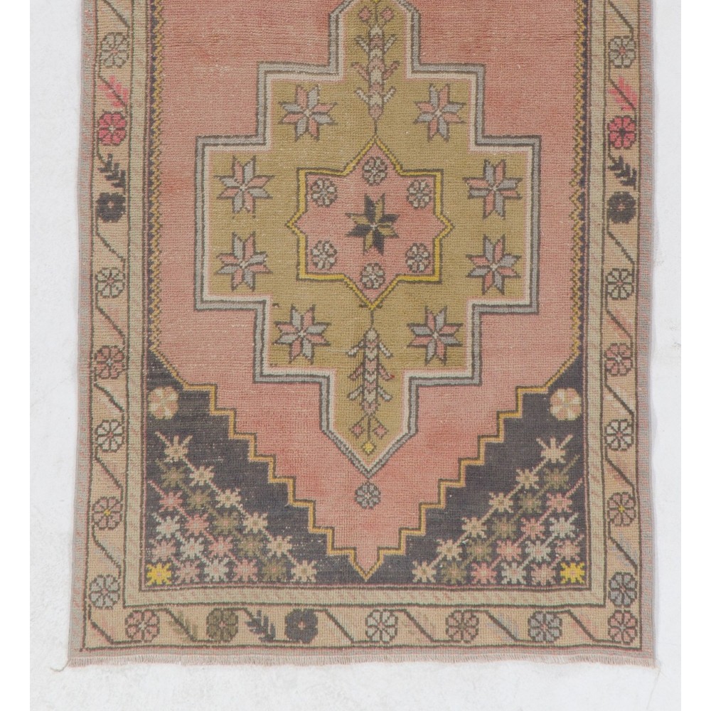 Vintage Hand-Knotted Wool Turkish Area Rug with Geometric Design in Muted Colors