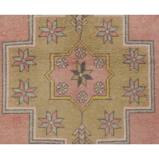 Vintage Hand-Knotted Wool Turkish Area Rug with Geometric Design in Muted Colors