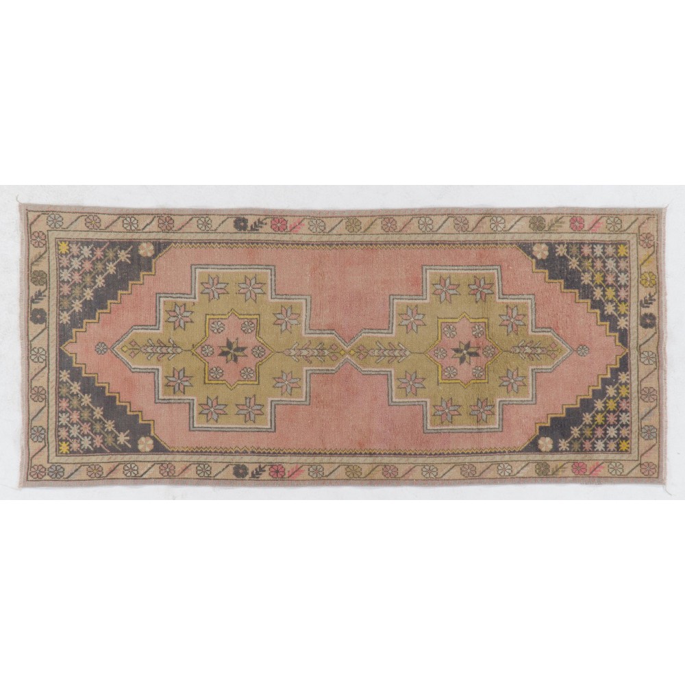 Vintage Hand-Knotted Wool Turkish Area Rug with Geometric Design in Muted Colors