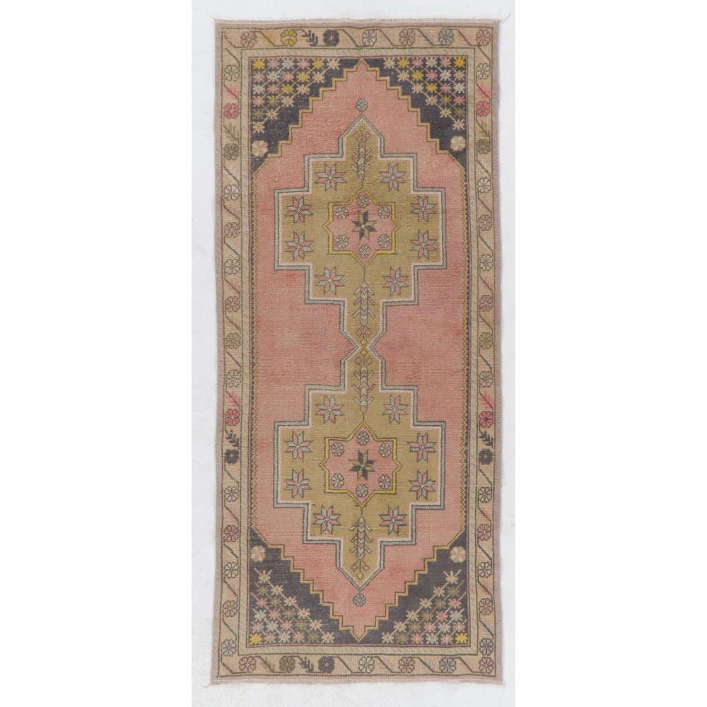 Vintage Hand-Knotted Wool Turkish Area Rug with Geometric Design in Muted Colors