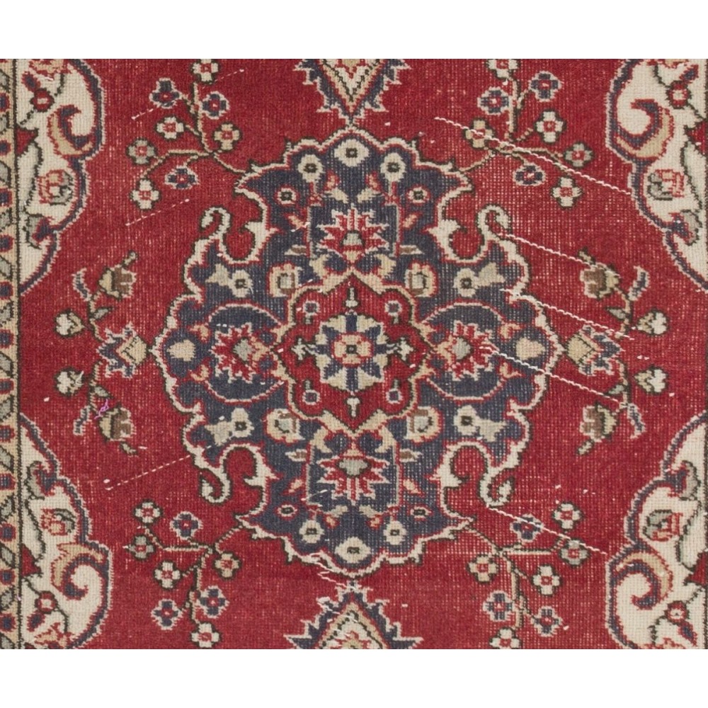 One-of-a-Kind Vintage Hand Knotted Turkish Rug in Red and Ivory