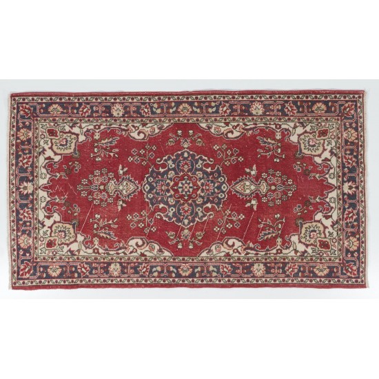 One-of-a-Kind Vintage Hand Knotted Turkish Rug in Red and Ivory