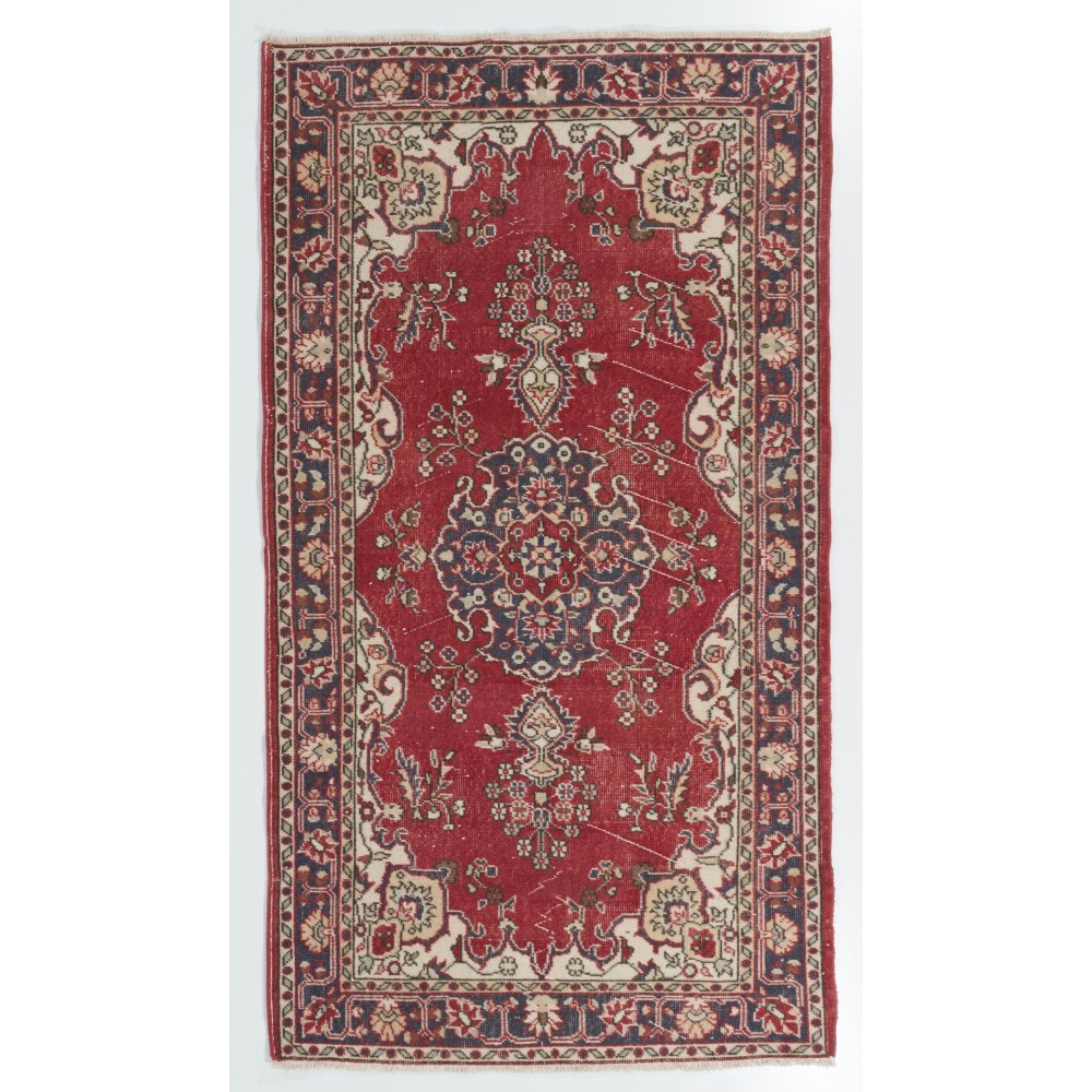 One-of-a-Kind Vintage Hand Knotted Turkish Rug in Red and Ivory
