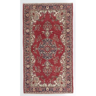 One-of-a-Kind Vintage Hand Knotted Turkish Rug in Red and Ivory