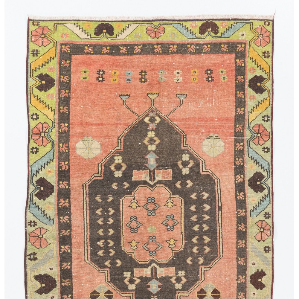 Hand-Knotted Vintage Rug. Traditional Wool Carpet from Turkey. Authentic 1960s Floor Covering