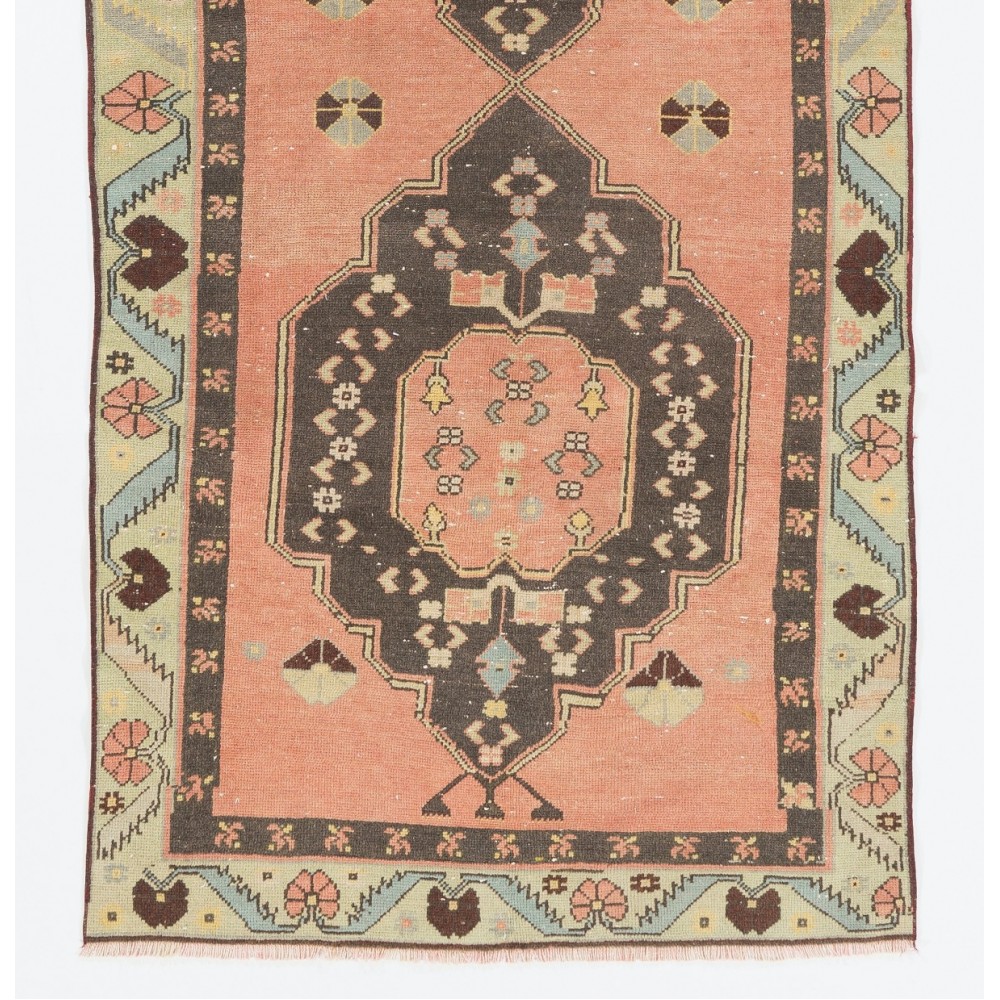 Hand-Knotted Vintage Rug. Traditional Wool Carpet from Turkey. Authentic 1960s Floor Covering