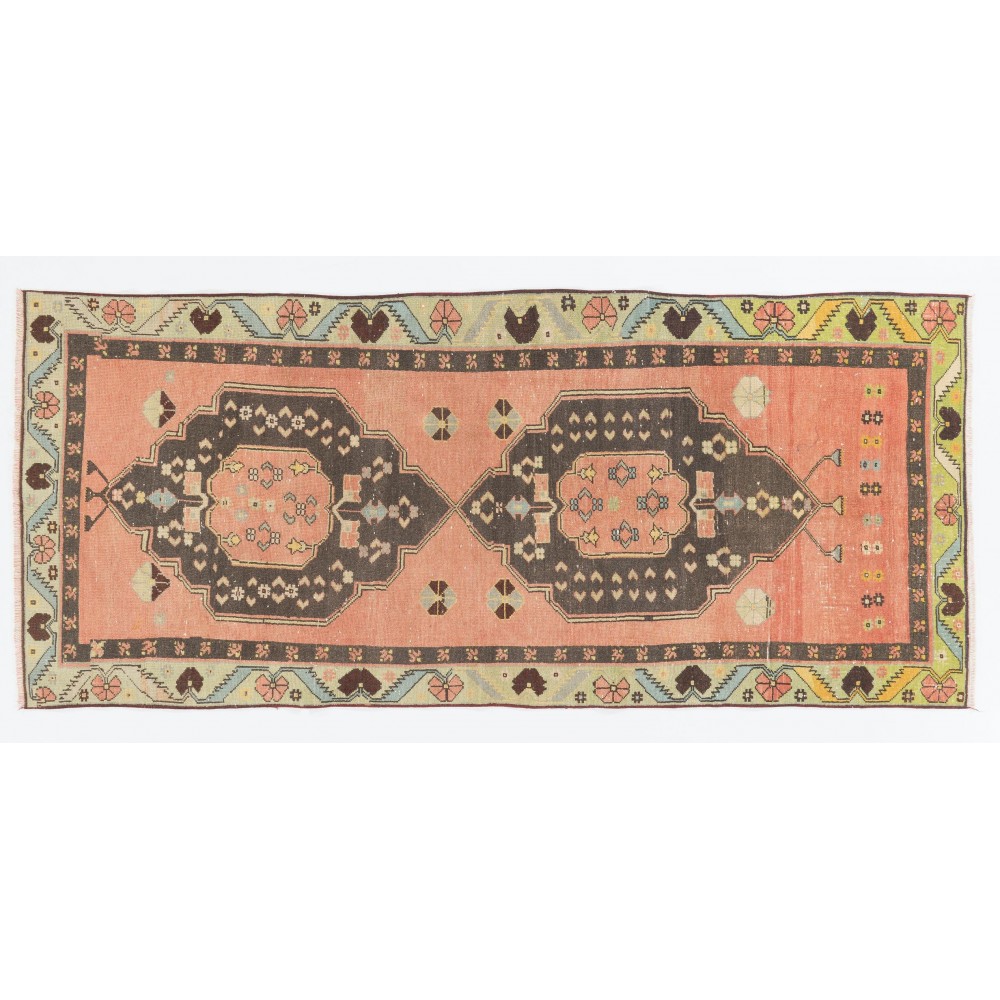 Hand-Knotted Vintage Rug. Traditional Wool Carpet from Turkey. Authentic 1960s Floor Covering