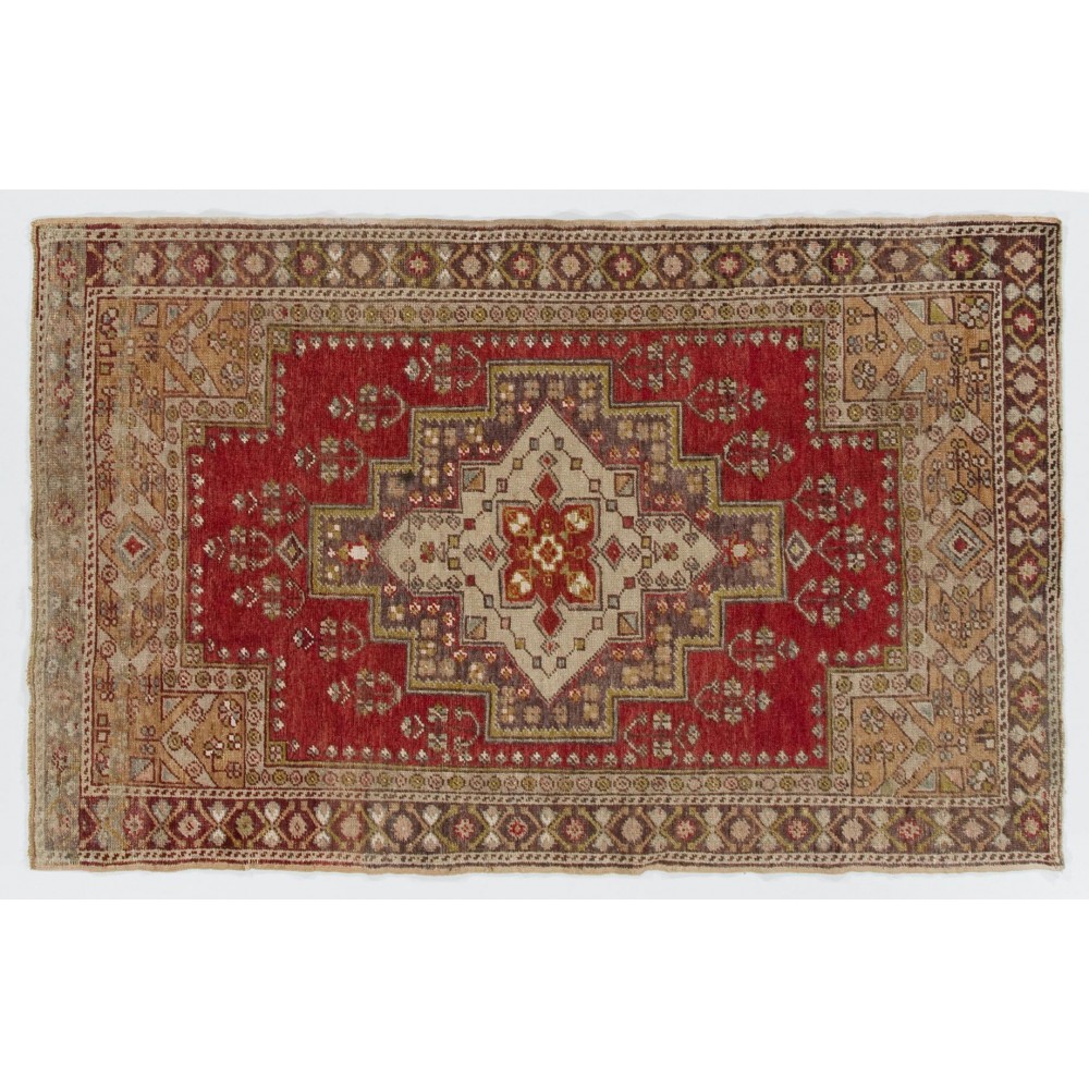 Mid-Century Hand-Knotted Tribal Rug in Soft Colors, 100% Wool Carpet