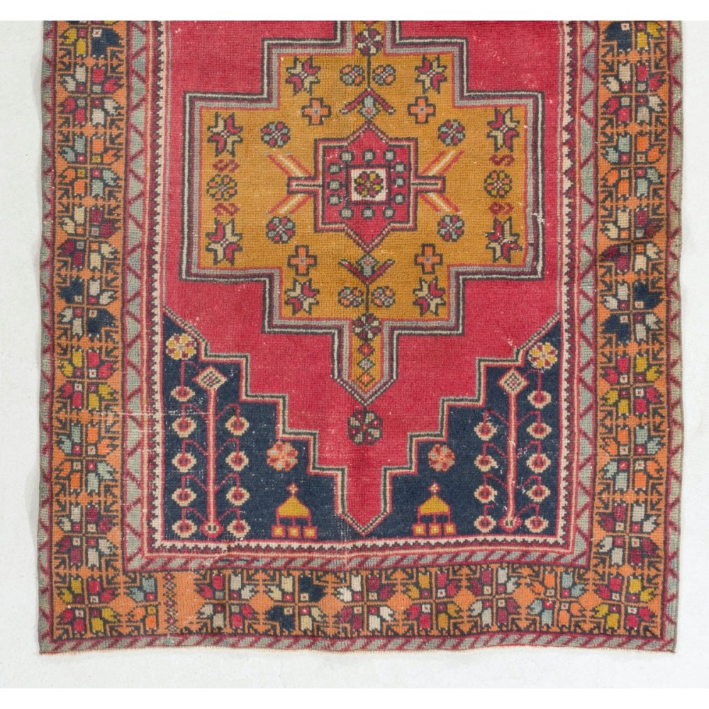 Vintage Handmade Turkish Area Rug in Red, Mustard Yellow, Orange and Navy Blue colors