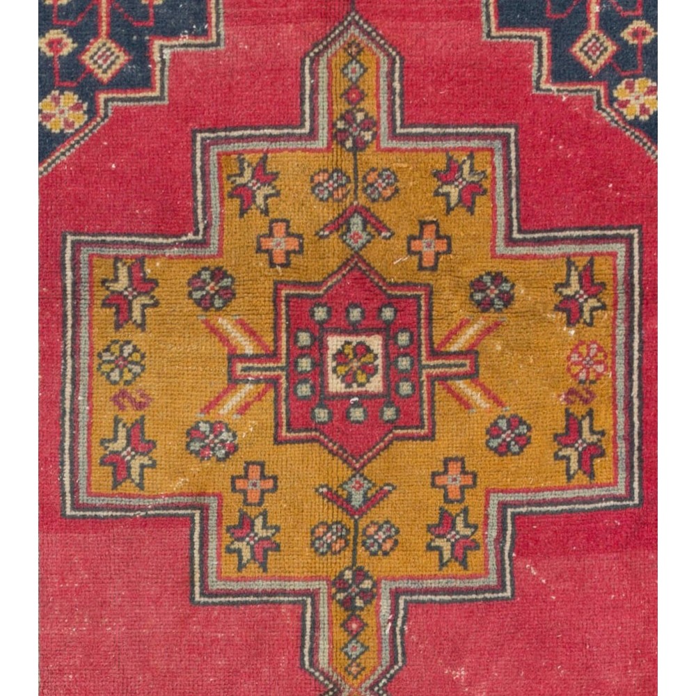 Vintage Handmade Turkish Area Rug in Red, Mustard Yellow, Orange and Navy Blue colors