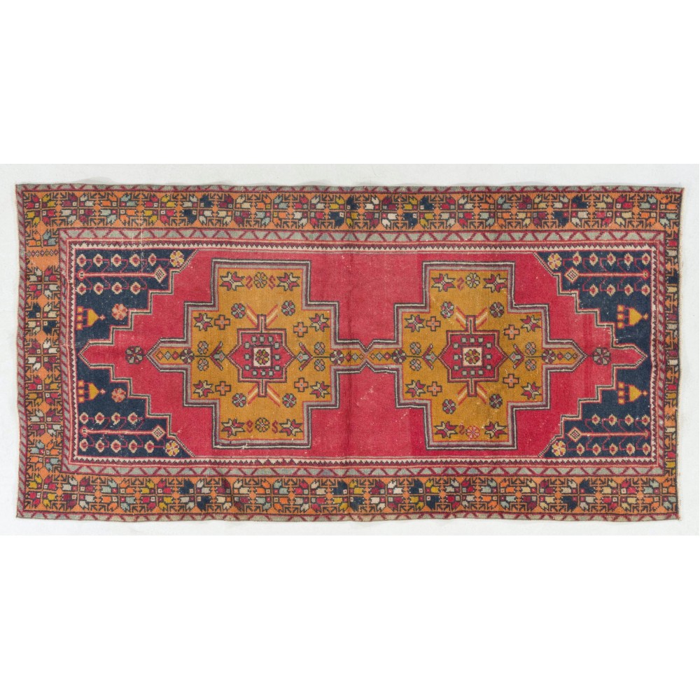 Vintage Handmade Turkish Area Rug in Red, Mustard Yellow, Orange and Navy Blue colors