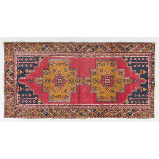 One of a kind vintage area Rug from Cappadocia. Soft, Wool runner, carpet. Red, Mustard Yellow, Orange, Navy Blue colors