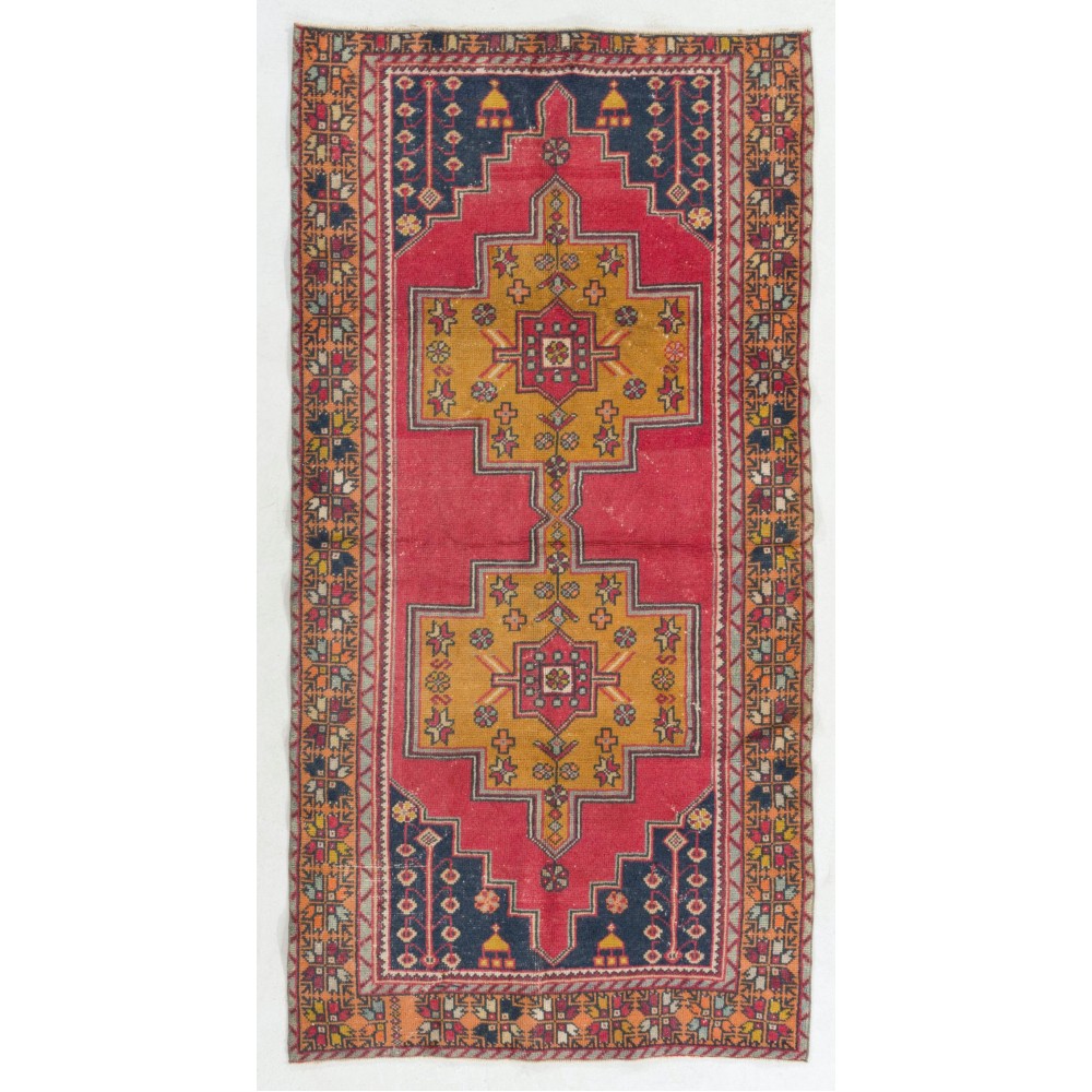 Vintage Handmade Turkish Area Rug in Red, Mustard Yellow, Orange and Navy Blue colors
