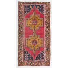 Vintage Handmade Turkish Area Rug in Red, Mustard Yellow, Orange and Navy Blue colors