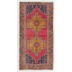 Vintage Handmade Turkish Area Rug in Red, Mustard Yellow, Orange and Navy Blue colors