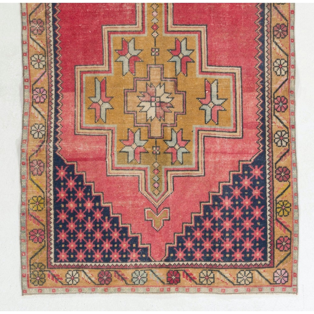 Vintage Hand Knotted Turkish Area Rug with Wool Pile in Red and Gold