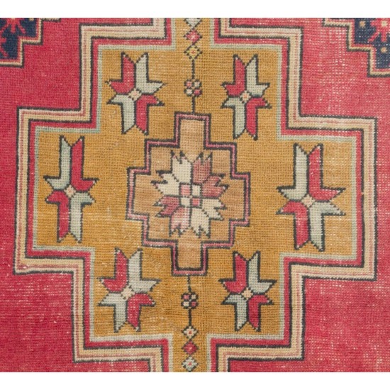 Vintage Hand Knotted Turkish Area Rug with Wool Pile in Red and Gold