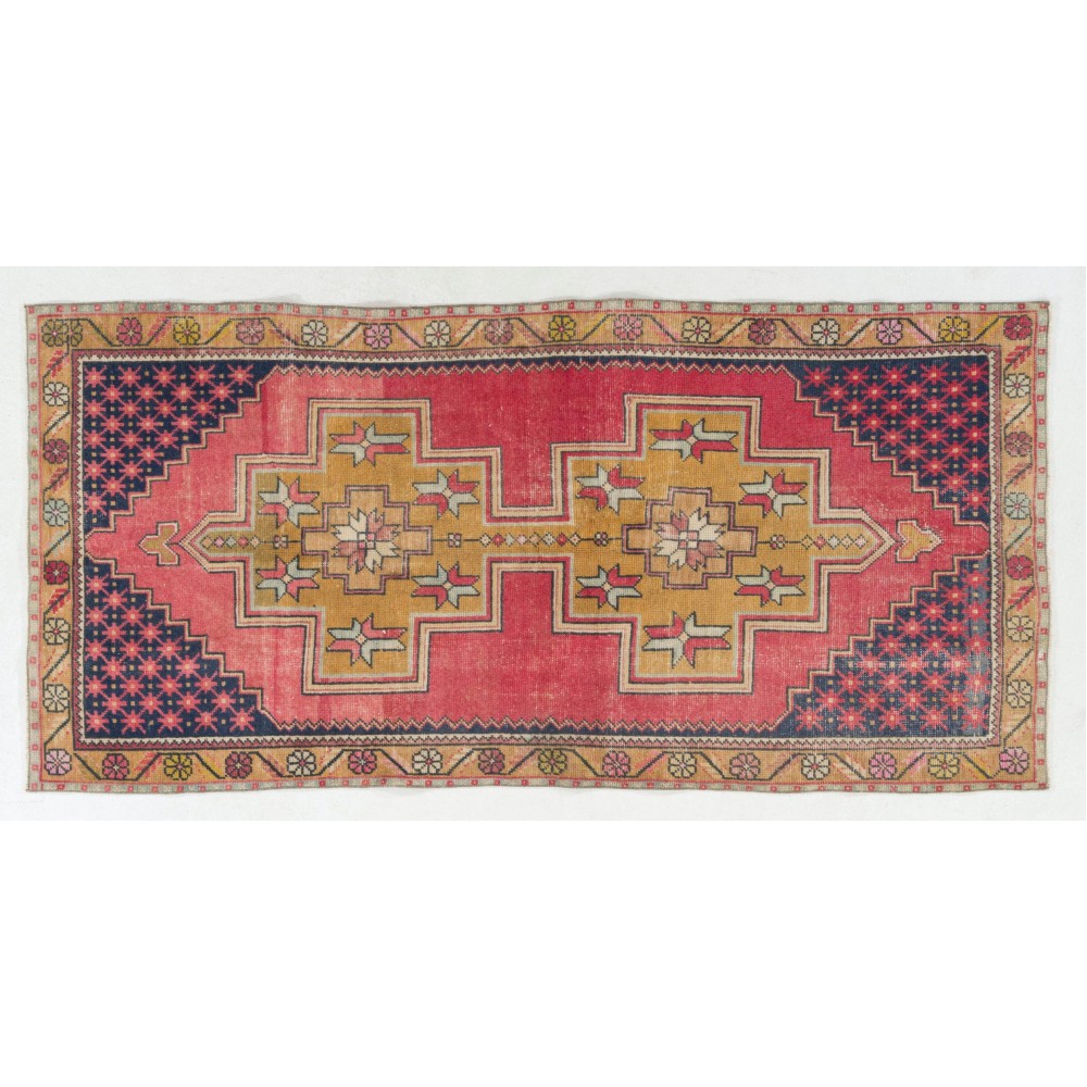 Vintage Hand Knotted Turkish Area Rug with Wool Pile in Red and Gold