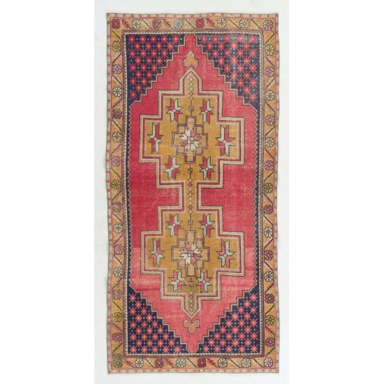 Vintage Hand Knotted Turkish Area Rug with Wool Pile in Red and Gold