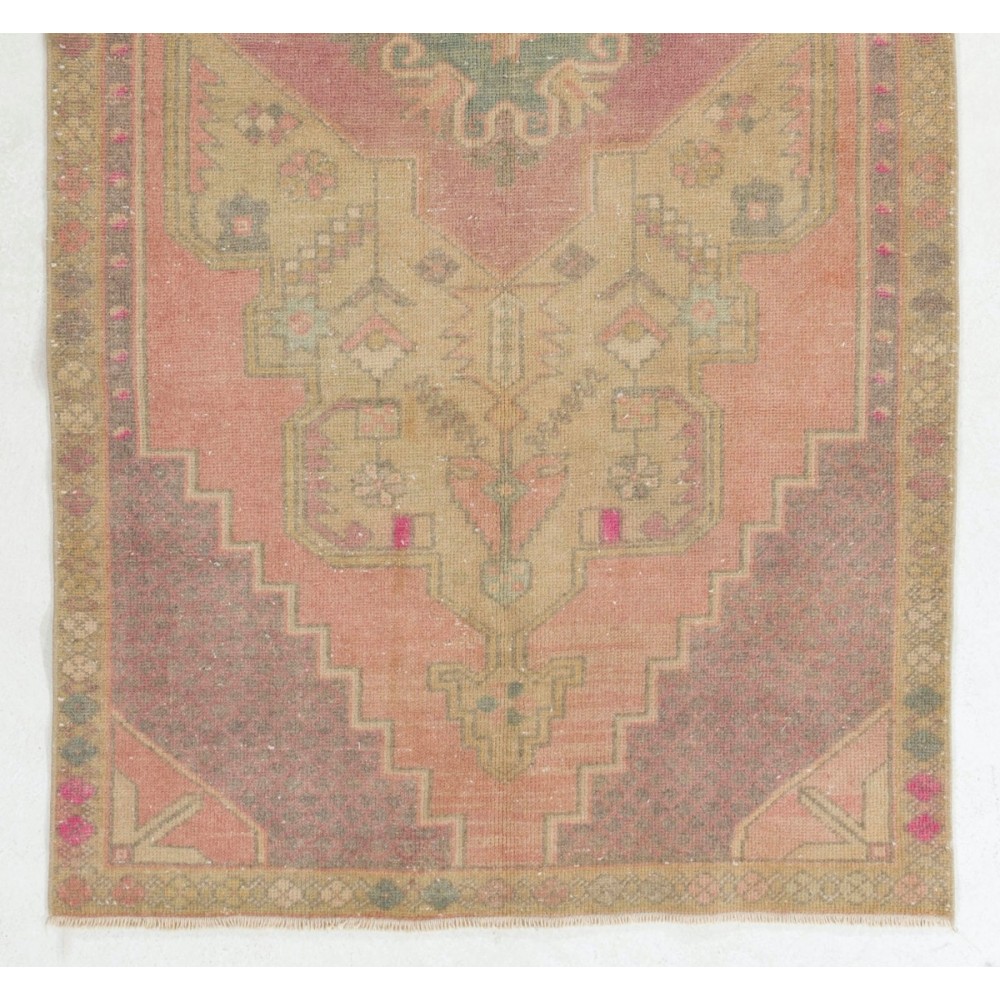 Vintage Hand Knotted Turkish Area Rug in Pink with Geometric Design