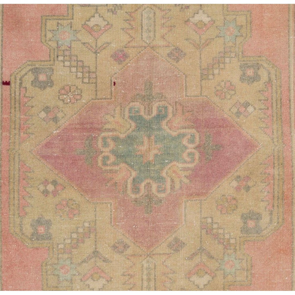 Vintage Hand Knotted Turkish Area Rug in Pink with Geometric Design