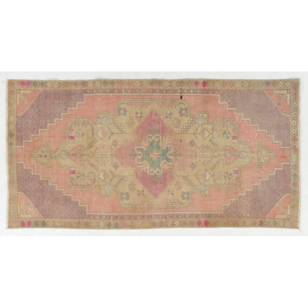 Vintage Hand Knotted Turkish Area Rug in Pink with Geometric Design