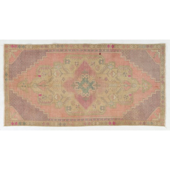 Vintage Hand Knotted Turkish Area Rug in Pink with Geometric Design