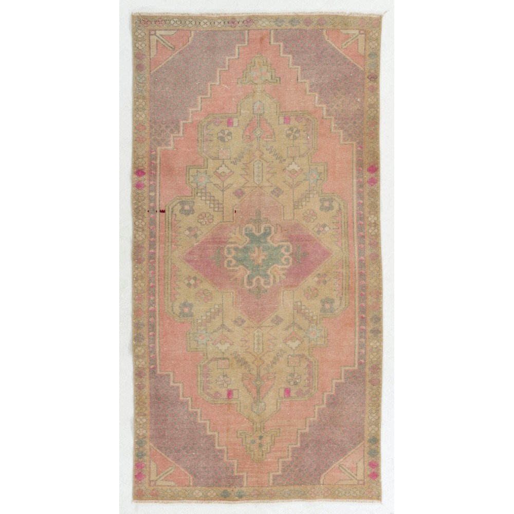 Vintage Hand Knotted Turkish Area Rug in Pink with Geometric Design