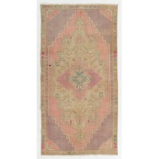 Vintage Hand Knotted Turkish Area Rug in Pink with Geometric Design
