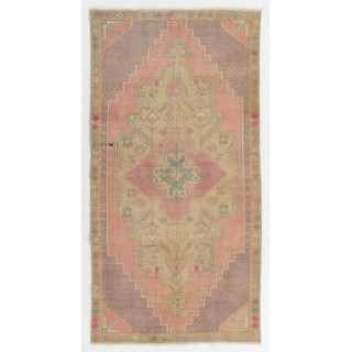 Vintage Hand Knotted Turkish Area Rug in Pink with Geometric Design