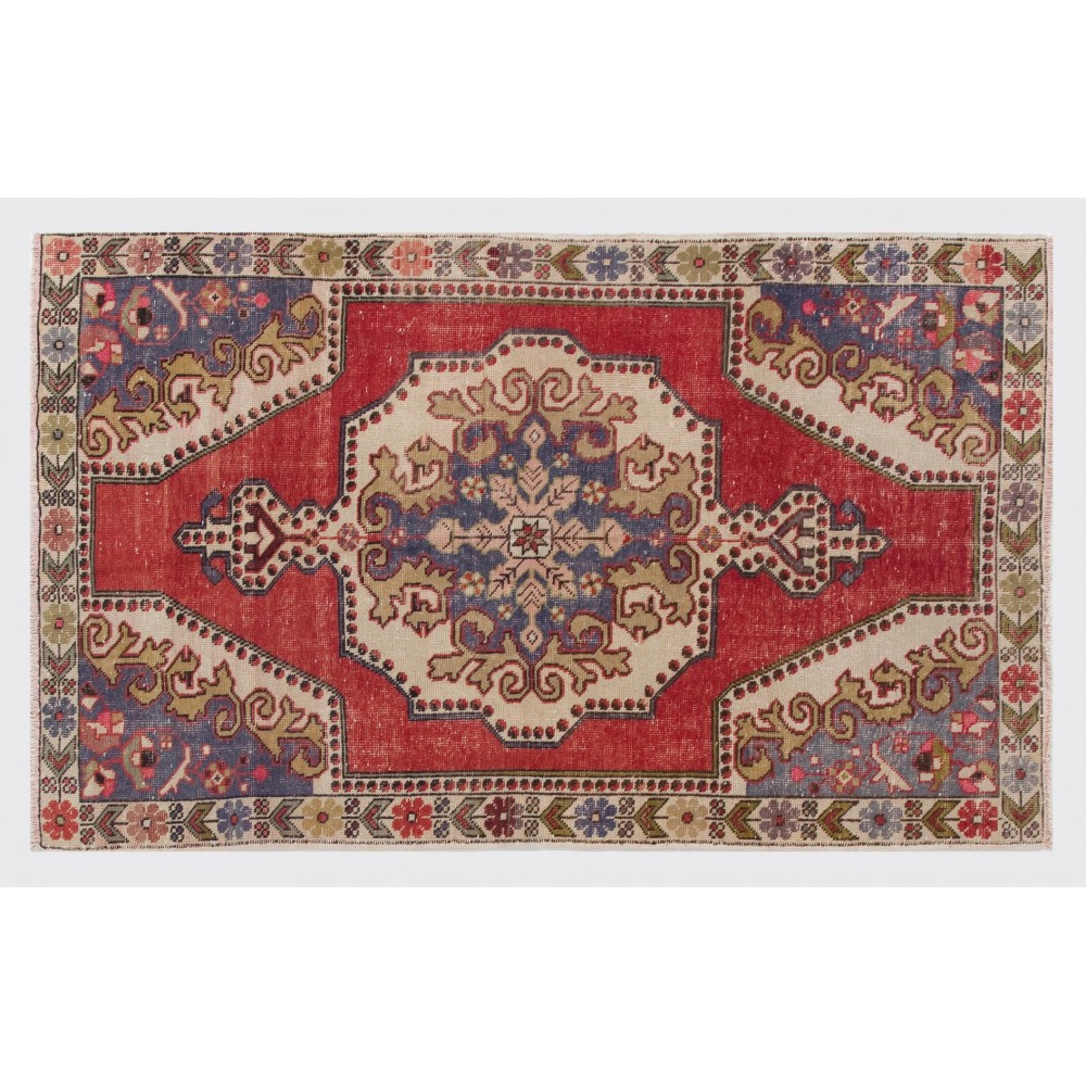 Vintage Unique C.Anatolian Village Rug. Floral Border. Red, Beige, Blue