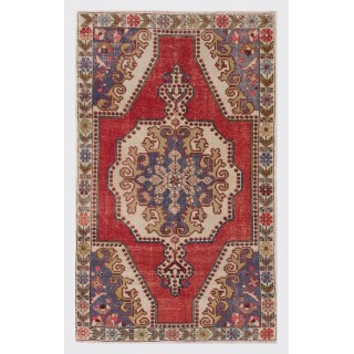 Vintage Unique C.Anatolian Village Rug. Floral Border. Red, Beige, Blue