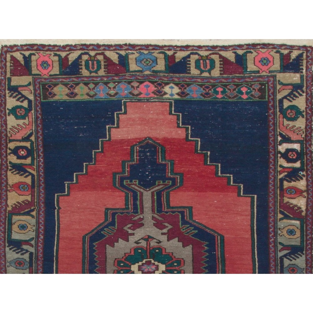 Rustic Farmhouse Decor Vintage Turkish Area Rug in Navy Blue, Red, Green & Gray. Unique Handmade Carpet with Cottage Style