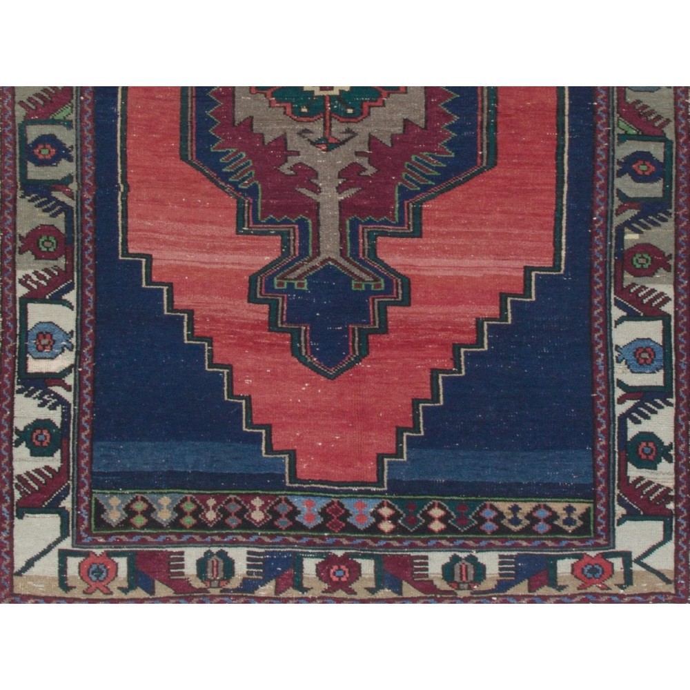 Rustic Farmhouse Decor Vintage Turkish Area Rug in Navy Blue, Red, Green & Gray. Unique Handmade Carpet with Cottage Style