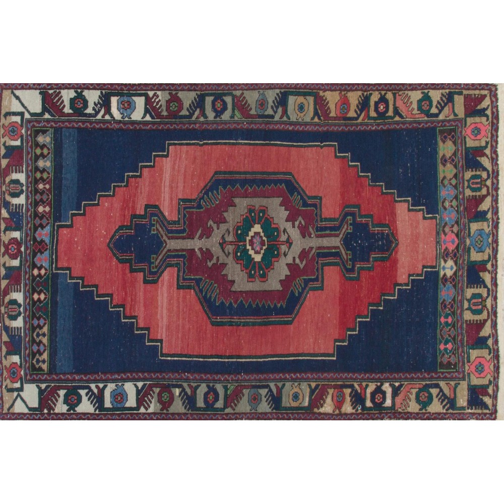 Rustic Farmhouse Decor Vintage Turkish Area Rug in Navy Blue, Red, Green & Gray. Unique Handmade Carpet with Cottage Style