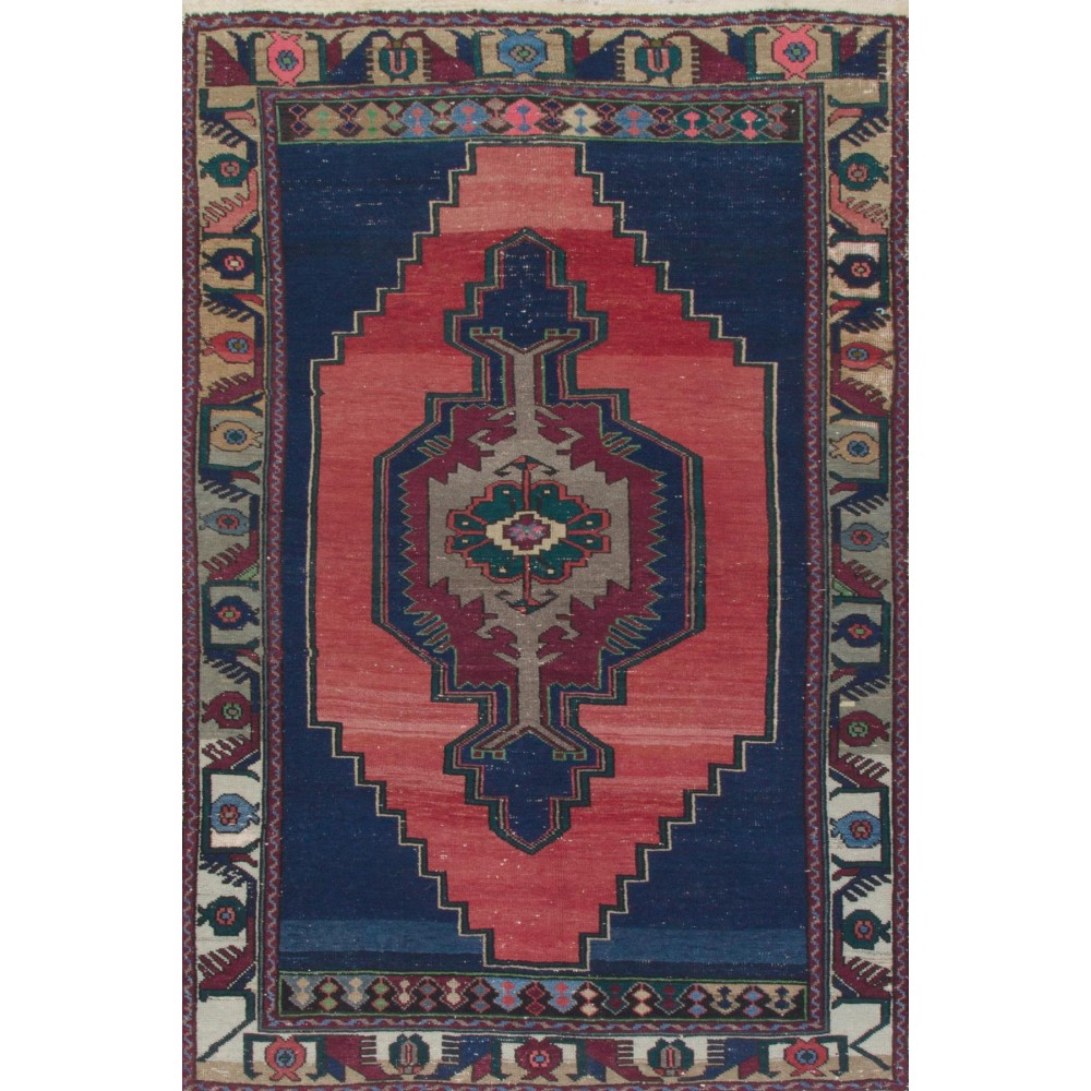 Rustic Farmhouse Decor Vintage Turkish Area Rug in Navy Blue, Red, Green & Gray. Unique Handmade Carpet with Cottage Style