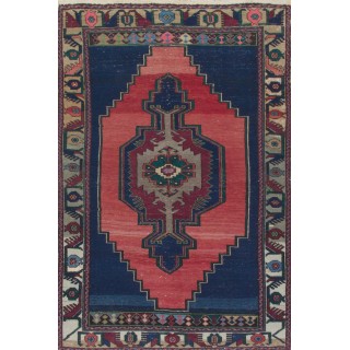 Rustic Farmhouse Decor Vintage Turkish Area Rug in Navy Blue, Red, Green & Gray. Unique Handmade Carpet with Cottage Style