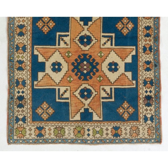 Blue and Red Color, Vintage Hand Knotted Turkish Rug with Medallion Design Blue and Red Color, Vintage Hand Knotted Turkish Rug with Medallion Design