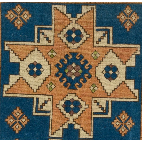 Blue and Red Color, Vintage Hand Knotted Turkish Rug with Medallion Design Blue and Red Color, Vintage Hand Knotted Turkish Rug with Medallion Design