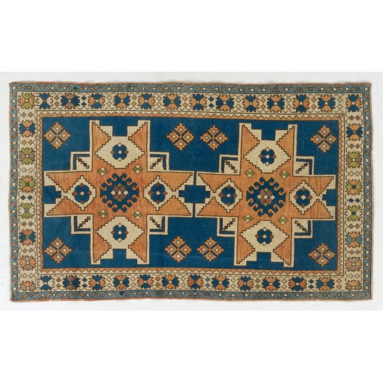 Blue and Red Color, Vintage Hand Knotted Turkish Rug with Medallion Design Blue and Red Color, Vintage Hand Knotted Turkish Rug with Medallion Design