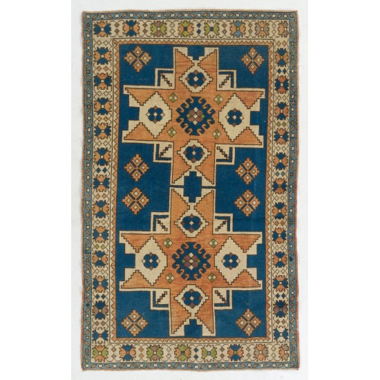 Blue and Red Color, Vintage Hand Knotted Turkish Rug with Medallion Design Blue and Red Color, Vintage Hand Knotted Turkish Rug with Medallion Design