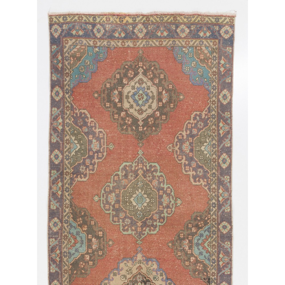 Vintage Hand-Knotted Oushak Runner. Unique Wool Hallway Carpet